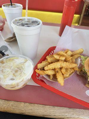 What's lunch without dessert! Homemade banana pudding, cheeseburger and fries