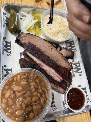 1 meat plate with beans and coleslaw
