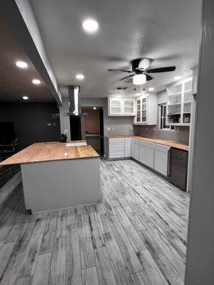 Island cabinets new flooring lights overhead hood