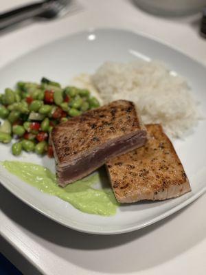 Seared Bluefin, edamame salad and wasabi cream.