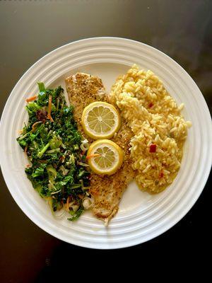 Seared Haddock, mixed greens and yellow rice...so very good!
