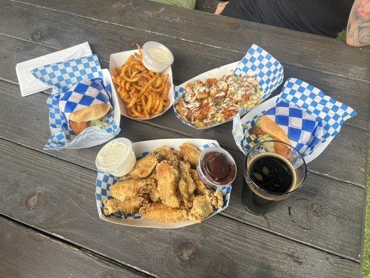 Chicken wings, chicken sandwich, loaded Mac n cheese, curly fries..