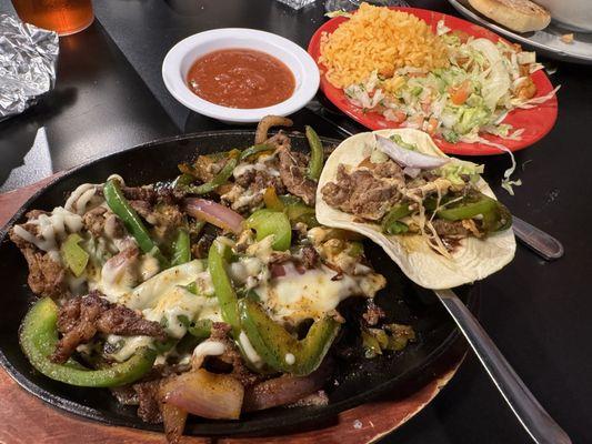 Steak fajitas and chicken soup.