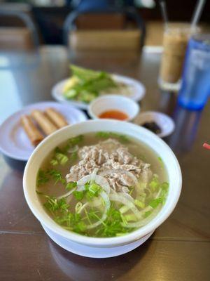 Small rare steak pho, egg rolls, and a Vietnamese coffee!