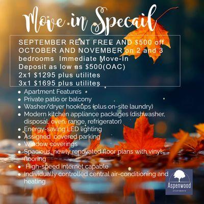 Come take advantage of September rent free and $500 off of 2 months