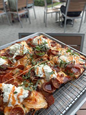 Detroit style pizza outside