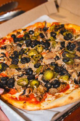 Our specialty pizza with pepperoni, sausage, meatballs, onions, black olives & mushrooms.