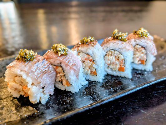 Surf & Turf Roll A5 Seared Wagyu, Sea Salt, Caviar, Gold Flakes, Baked Baby Lobster, Yama Gobo, Unagi Sauce