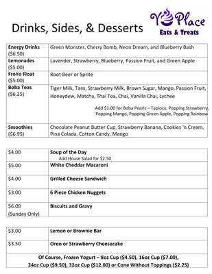 Drinks (Energy Drinks, Boba Tea, Smoothies), Sides, Desserts and Frozen Yogurt Menu