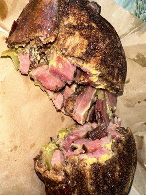 Grilled meat w mustard, pickle grilled panini