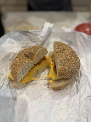 Eggs w/1 Meat & Cheese bagel on a sesame bagel