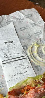 Receipt showing "No Onions" next to the onions I pulled from my Unwich today.
