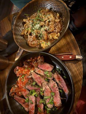 Spicy shrimp Mac and cheese and steak and potatoes