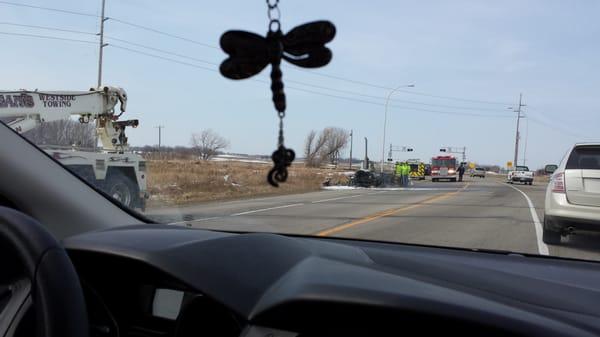 Semi burnt to the ground 3 miles east of Owatonna...the only thing really left is bumper and smoke stack