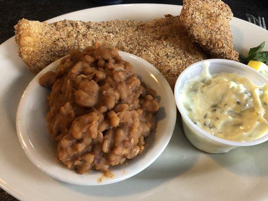 Cajun fried haddock with baked beans.