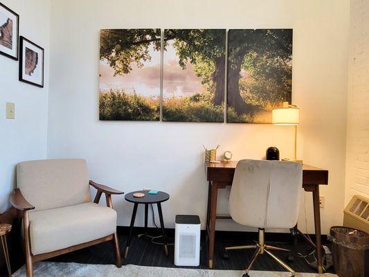 This is our Forest Therapy Room. We have a theme of nature photographs throughout the office.