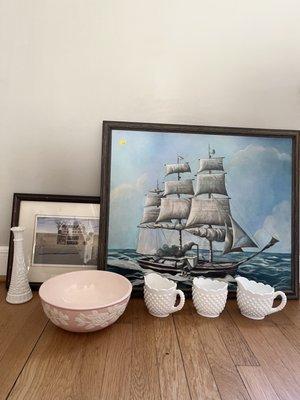 My beautiful finds from Habitat - Hobnail milk glass from Goodwill!