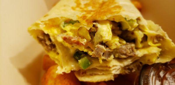 Sausage breakfast burrito, fresh cooked