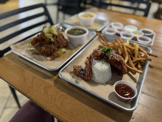 Nashville hot, maque choux, sauce tray (highly recommend if you like condiments!), and Korean fried
