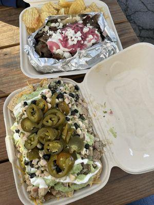 Mojo Nachos + Mediterranean Beef & Lamb Flatbread (Gyro) with chips