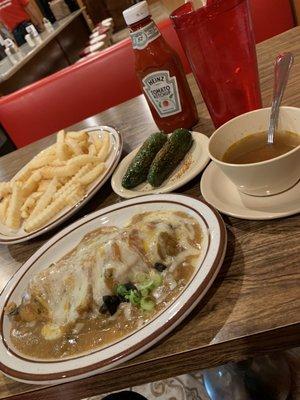 My A la carte dinner- Chile Relleno (a la carte), Fries, Chile's toreados, Albóndigas soup (cup). All very good!