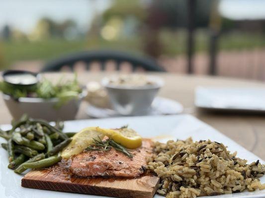 Salmon with rice and green beans.