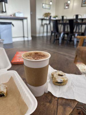 Cinnamon Toasted Marshmallow Latte (vegan, with oat milk) and a Gluten Free Lemon Blueberry Donut
