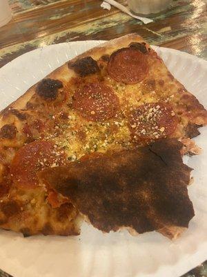 Very old, burnt pizza that was reheated.