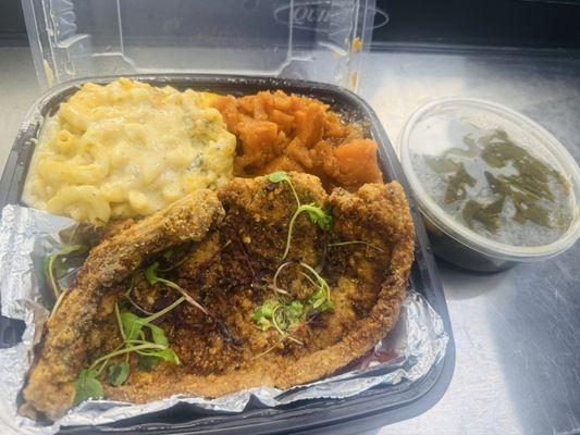 2.8.25 Turkey Chops with Mac N Cheese, Yams & Greens