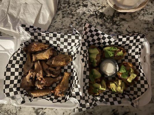 Ranch rubbed wings and potato skins with avocado.