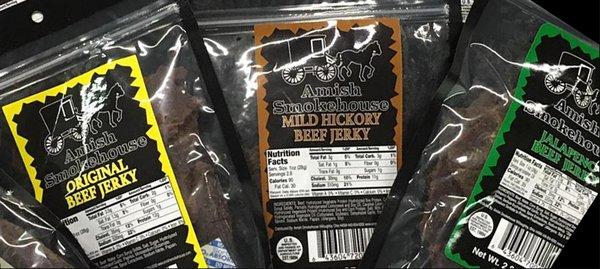 At the Amish Smokehouse we offer an assortment of Beef Sticks, Beef Jerky, Smokies, Retail Packs, and Specialty Packs.