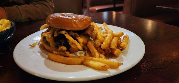 Cowboy burger with a side of fries