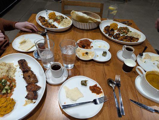 Beef kebab, chicken breast kebab, chicken wing kebab, all with rice pilaf and a sweet potato salad. And Turkish coffee.