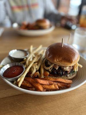 Bacon blue deluxe burger with "mixed bag" (sweet potato and regular fries)