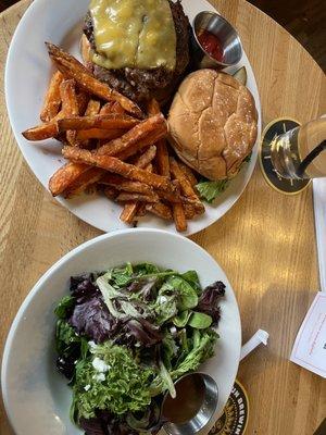 Beast burger sub sweet potato fries and house salad