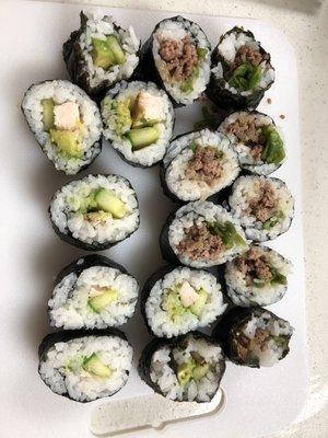 My sushi rolls after I cut them in sushi class