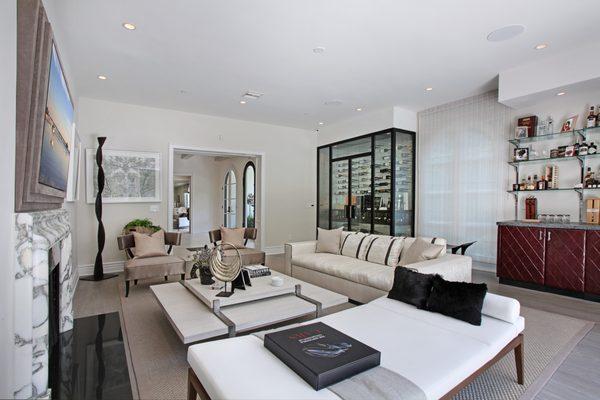 A serene living room design by Shelley Starr featuring our Romanee Coffee Table, Marilyn Chaise, Bond Sofa and Bedford Slipper Chair.