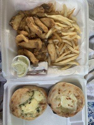 Fish and Chips, Cheese Esfirra, Spinach and Cream Cheese Esfirra