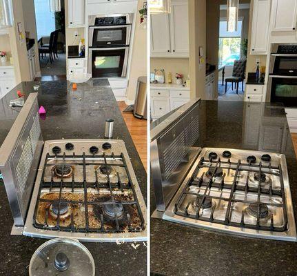 Scrubbed and degreased the stovetop, removing burnt-on spills and buildup to leave a polished, spotless surface.