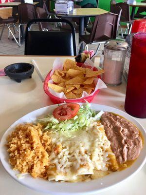 Green enchiladas, beans, rice, and salad.