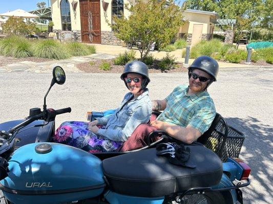 Us in the sidecar, it was pretty roomy even with two people