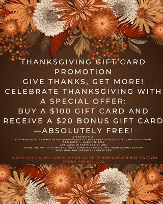 Thanksgiving promotions on gift cards! Limited time only!!!! Stop by our salon to pick up your gift cards!!!