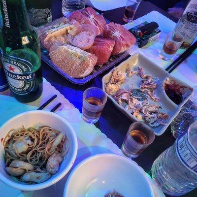 Seafood Chow Mein and Dry Grilled Squids.