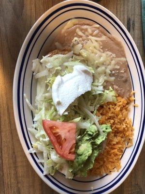 Lunch Chimichanga , Spanish Rice and Refried Beans