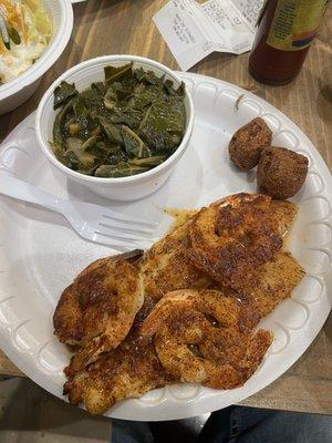 Collard greens, grilled fish and shrimp