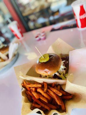 Candy Bacon Burger with pepper-jack cheese and sweet potato fries