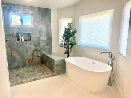 Remodel at our clients primary due to a leak and flood; Ferguson gave us great service in ordering and we love the freestanding tub filler!