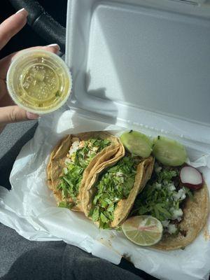 Tacos, chicken pork and chorizo