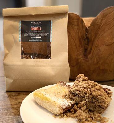 Granola, Meter Lemon bar and a blackberry crumble