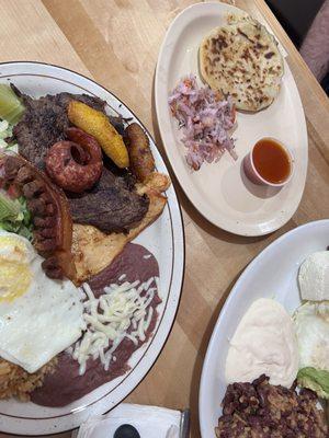 Number 2 on the left. Comes with deep fried pork, plantains, steak, chicken and sausage. Omg delicious! Top is pupusa. MUST HAVE!